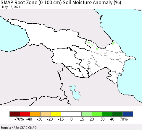 Azerbaijan, Armenia and Georgia SMAP Root Zone (0-100 cm) Soil Moisture Anomaly (%) Thematic Map For 5/11/2024 - 5/15/2024