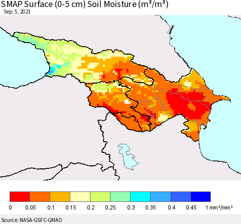 Azerbaijan, Armenia and Georgia SMAP Surface (0-5 cm) Soil Moisture (m³/m³) Thematic Map For 9/1/2021 - 9/5/2021