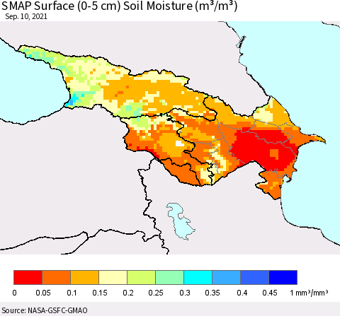 Azerbaijan, Armenia and Georgia SMAP Surface (0-5 cm) Soil Moisture (m³/m³) Thematic Map For 9/6/2021 - 9/10/2021
