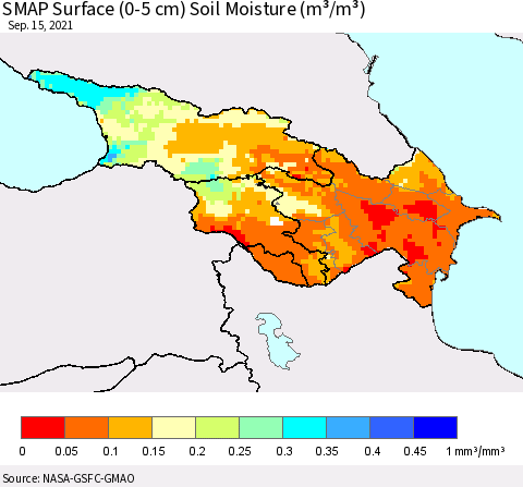 Azerbaijan, Armenia and Georgia SMAP Surface (0-5 cm) Soil Moisture (m³/m³) Thematic Map For 9/11/2021 - 9/15/2021