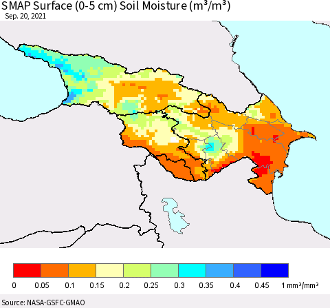 Azerbaijan, Armenia and Georgia SMAP Surface (0-5 cm) Soil Moisture (m³/m³) Thematic Map For 9/16/2021 - 9/20/2021