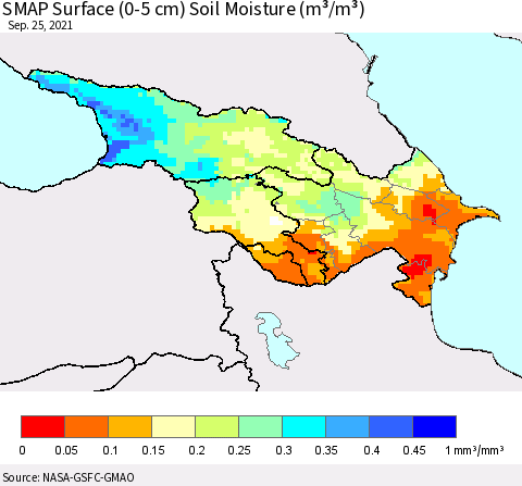 Azerbaijan, Armenia and Georgia SMAP Surface (0-5 cm) Soil Moisture (m³/m³) Thematic Map For 9/21/2021 - 9/25/2021