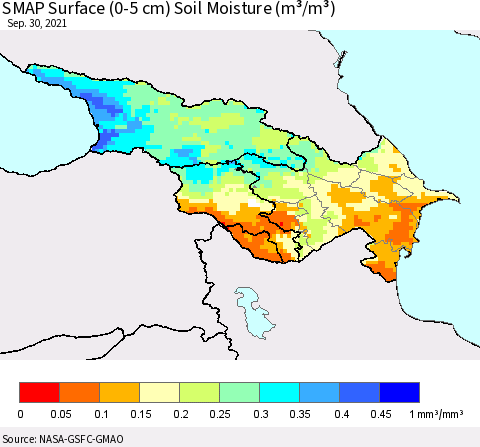 Azerbaijan, Armenia and Georgia SMAP Surface (0-5 cm) Soil Moisture (m³/m³) Thematic Map For 9/26/2021 - 9/30/2021