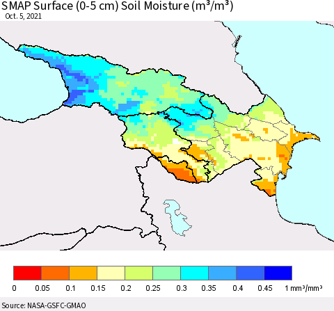 Azerbaijan, Armenia and Georgia SMAP Surface (0-5 cm) Soil Moisture (m³/m³) Thematic Map For 10/1/2021 - 10/5/2021