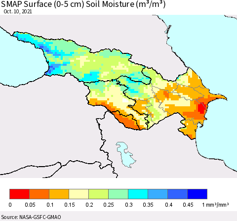 Azerbaijan, Armenia and Georgia SMAP Surface (0-5 cm) Soil Moisture (m³/m³) Thematic Map For 10/6/2021 - 10/10/2021
