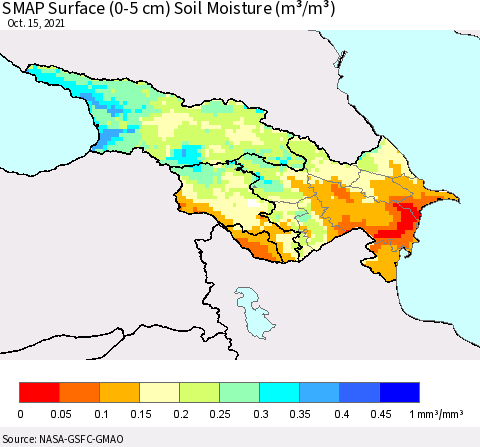 Azerbaijan, Armenia and Georgia SMAP Surface (0-5 cm) Soil Moisture (m³/m³) Thematic Map For 10/11/2021 - 10/15/2021