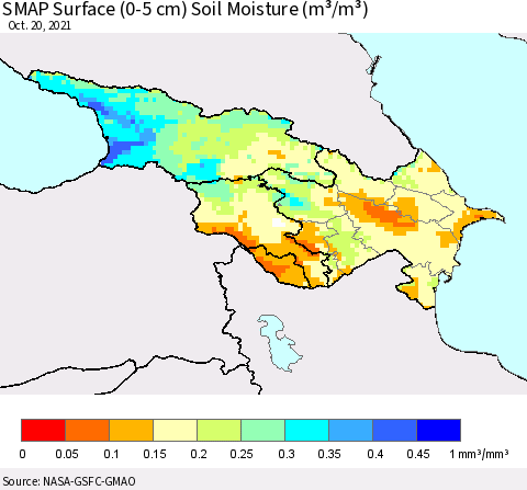 Azerbaijan, Armenia and Georgia SMAP Surface (0-5 cm) Soil Moisture (m³/m³) Thematic Map For 10/16/2021 - 10/20/2021