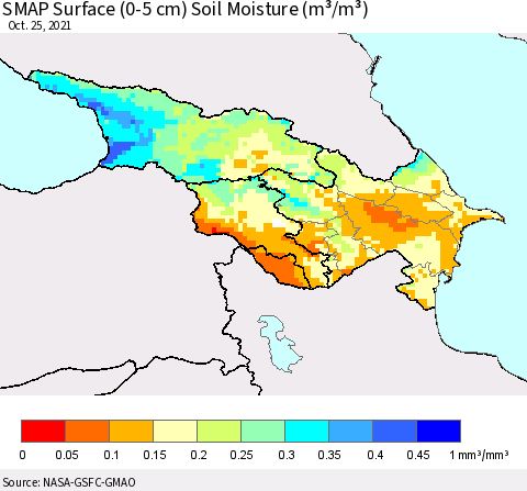 Azerbaijan, Armenia and Georgia SMAP Surface (0-5 cm) Soil Moisture (m³/m³) Thematic Map For 10/21/2021 - 10/25/2021