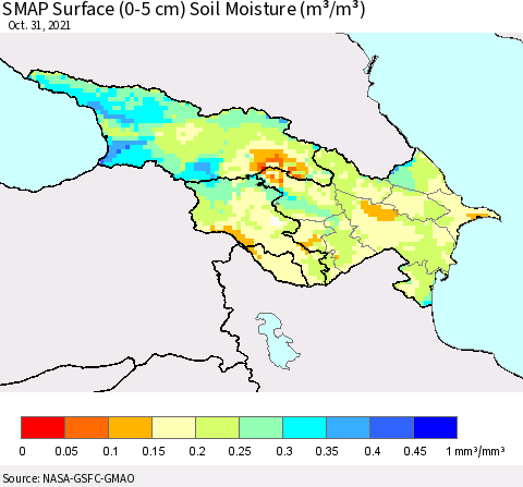 Azerbaijan, Armenia and Georgia SMAP Surface (0-5 cm) Soil Moisture (m³/m³) Thematic Map For 10/26/2021 - 10/31/2021