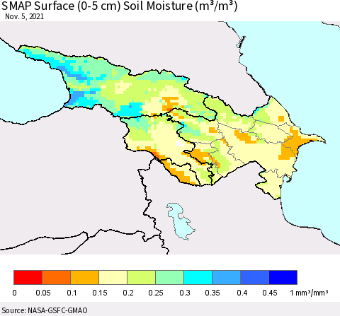 Azerbaijan, Armenia and Georgia SMAP Surface (0-5 cm) Soil Moisture (m³/m³) Thematic Map For 11/1/2021 - 11/5/2021