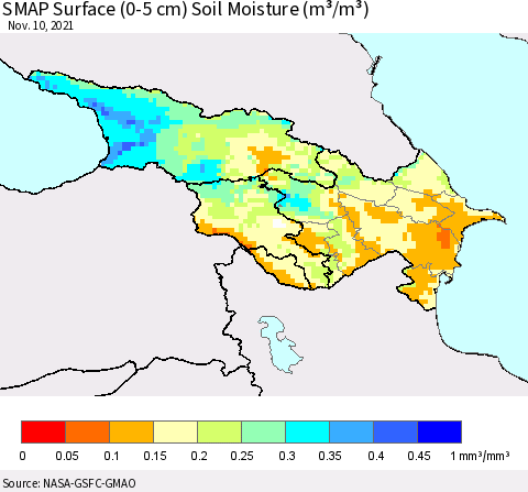 Azerbaijan, Armenia and Georgia SMAP Surface (0-5 cm) Soil Moisture (m³/m³) Thematic Map For 11/6/2021 - 11/10/2021