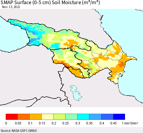 Azerbaijan, Armenia and Georgia SMAP Surface (0-5 cm) Soil Moisture (m³/m³) Thematic Map For 11/11/2021 - 11/15/2021