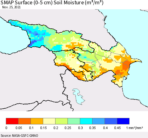 Azerbaijan, Armenia and Georgia SMAP Surface (0-5 cm) Soil Moisture (m³/m³) Thematic Map For 11/21/2021 - 11/25/2021