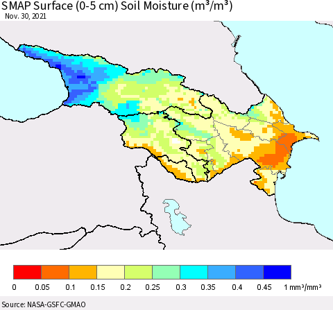 Azerbaijan, Armenia and Georgia SMAP Surface (0-5 cm) Soil Moisture (m³/m³) Thematic Map For 11/26/2021 - 11/30/2021