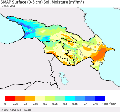 Azerbaijan, Armenia and Georgia SMAP Surface (0-5 cm) Soil Moisture (m³/m³) Thematic Map For 12/1/2021 - 12/5/2021
