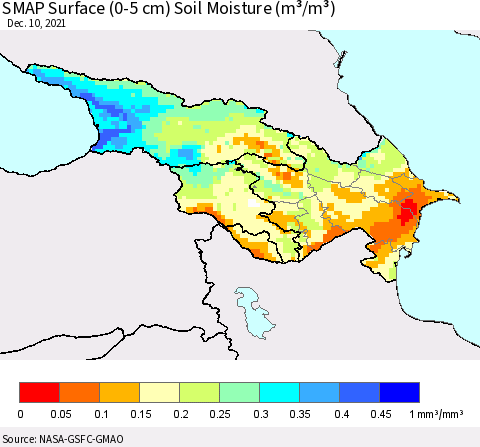 Azerbaijan, Armenia and Georgia SMAP Surface (0-5 cm) Soil Moisture (m³/m³) Thematic Map For 12/6/2021 - 12/10/2021