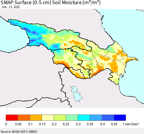 Azerbaijan, Armenia and Georgia SMAP Surface (0-5 cm) Soil Moisture (m³/m³) Thematic Map For 12/11/2021 - 12/15/2021