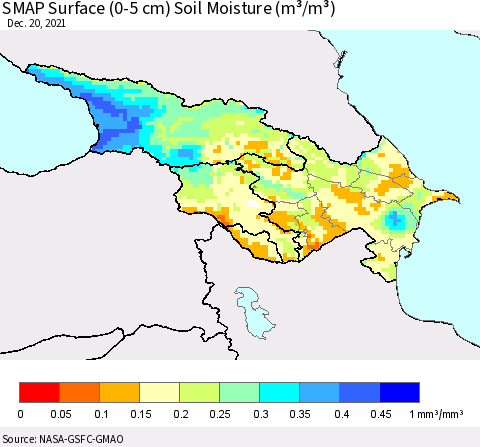 Azerbaijan, Armenia and Georgia SMAP Surface (0-5 cm) Soil Moisture (m³/m³) Thematic Map For 12/16/2021 - 12/20/2021