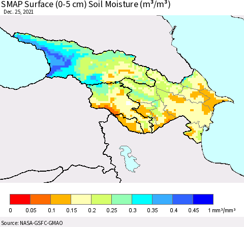 Azerbaijan, Armenia and Georgia SMAP Surface (0-5 cm) Soil Moisture (m³/m³) Thematic Map For 12/21/2021 - 12/25/2021