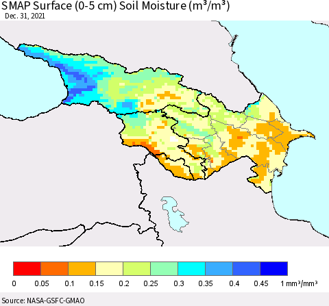 Azerbaijan, Armenia and Georgia SMAP Surface (0-5 cm) Soil Moisture (m³/m³) Thematic Map For 12/26/2021 - 12/31/2021