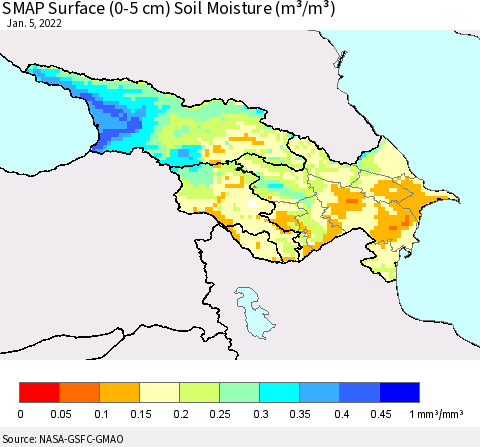 Azerbaijan, Armenia and Georgia SMAP Surface (0-5 cm) Soil Moisture (m³/m³) Thematic Map For 1/1/2022 - 1/5/2022