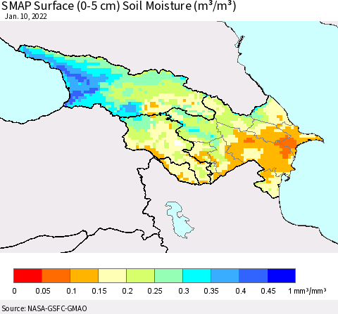Azerbaijan, Armenia and Georgia SMAP Surface (0-5 cm) Soil Moisture (m³/m³) Thematic Map For 1/6/2022 - 1/10/2022