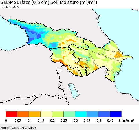 Azerbaijan, Armenia and Georgia SMAP Surface (0-5 cm) Soil Moisture (m³/m³) Thematic Map For 1/16/2022 - 1/20/2022