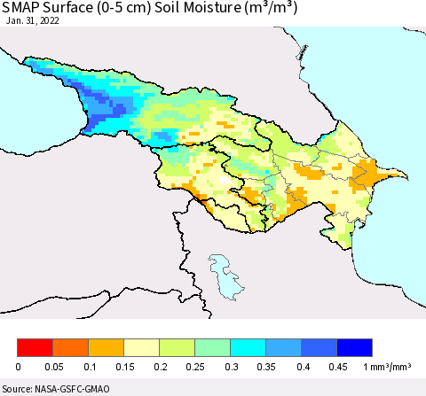 Azerbaijan, Armenia and Georgia SMAP Surface (0-5 cm) Soil Moisture (m³/m³) Thematic Map For 1/26/2022 - 1/31/2022