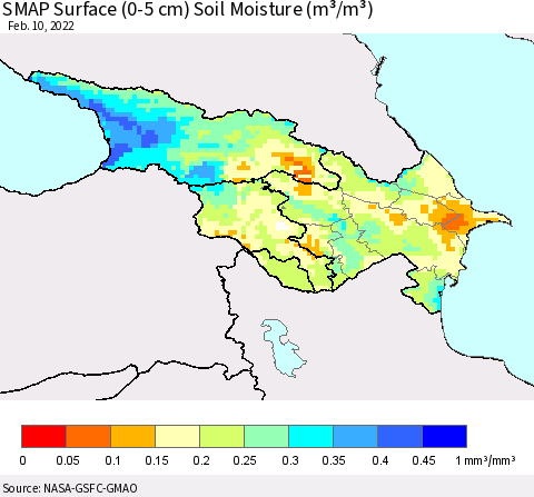 Azerbaijan, Armenia and Georgia SMAP Surface (0-5 cm) Soil Moisture (m³/m³) Thematic Map For 2/6/2022 - 2/10/2022
