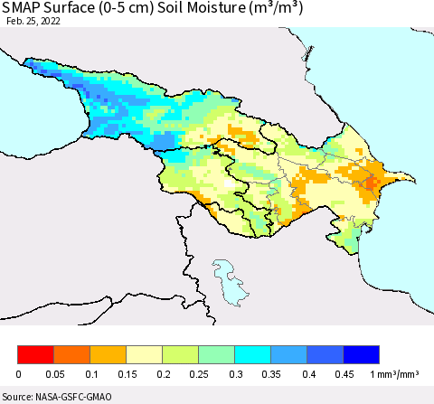 Azerbaijan, Armenia and Georgia SMAP Surface (0-5 cm) Soil Moisture (m³/m³) Thematic Map For 2/21/2022 - 2/25/2022