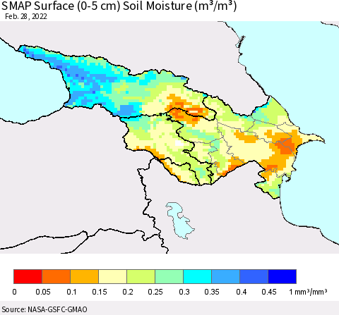 Azerbaijan, Armenia and Georgia SMAP Surface (0-5 cm) Soil Moisture (m³/m³) Thematic Map For 2/26/2022 - 2/28/2022