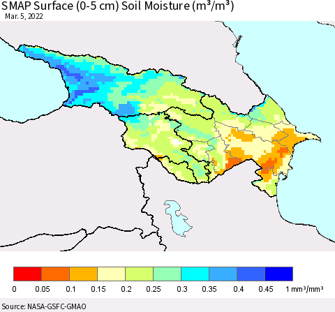 Azerbaijan, Armenia and Georgia SMAP Surface (0-5 cm) Soil Moisture (m³/m³) Thematic Map For 3/1/2022 - 3/5/2022