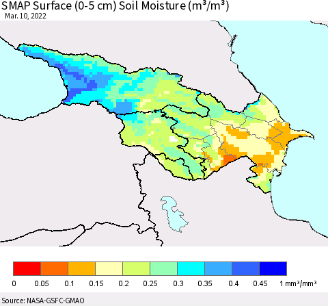 Azerbaijan, Armenia and Georgia SMAP Surface (0-5 cm) Soil Moisture (m³/m³) Thematic Map For 3/6/2022 - 3/10/2022