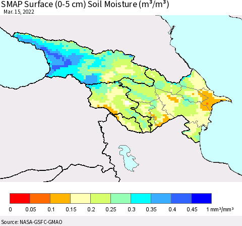 Azerbaijan, Armenia and Georgia SMAP Surface (0-5 cm) Soil Moisture (m³/m³) Thematic Map For 3/11/2022 - 3/15/2022