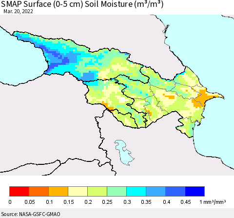 Azerbaijan, Armenia and Georgia SMAP Surface (0-5 cm) Soil Moisture (m³/m³) Thematic Map For 3/16/2022 - 3/20/2022