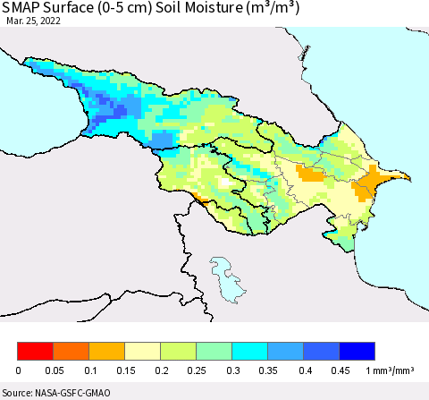 Azerbaijan, Armenia and Georgia SMAP Surface (0-5 cm) Soil Moisture (m³/m³) Thematic Map For 3/21/2022 - 3/25/2022