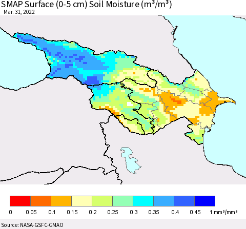 Azerbaijan, Armenia and Georgia SMAP Surface (0-5 cm) Soil Moisture (m³/m³) Thematic Map For 3/26/2022 - 3/31/2022