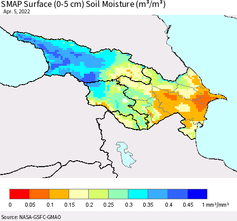 Azerbaijan, Armenia and Georgia SMAP Surface (0-5 cm) Soil Moisture (m³/m³) Thematic Map For 4/1/2022 - 4/5/2022
