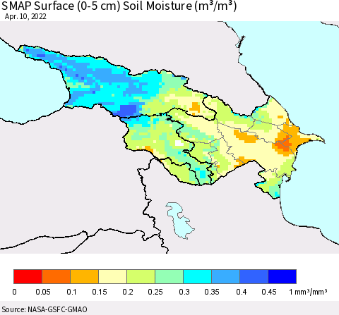Azerbaijan, Armenia and Georgia SMAP Surface (0-5 cm) Soil Moisture (m³/m³) Thematic Map For 4/6/2022 - 4/10/2022