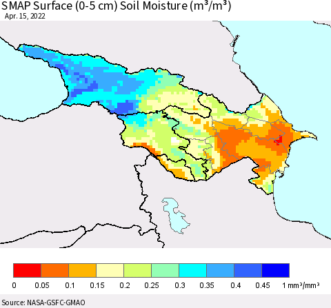 Azerbaijan, Armenia and Georgia SMAP Surface (0-5 cm) Soil Moisture (m³/m³) Thematic Map For 4/11/2022 - 4/15/2022