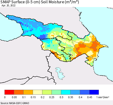 Azerbaijan, Armenia and Georgia SMAP Surface (0-5 cm) Soil Moisture (m³/m³) Thematic Map For 4/16/2022 - 4/20/2022