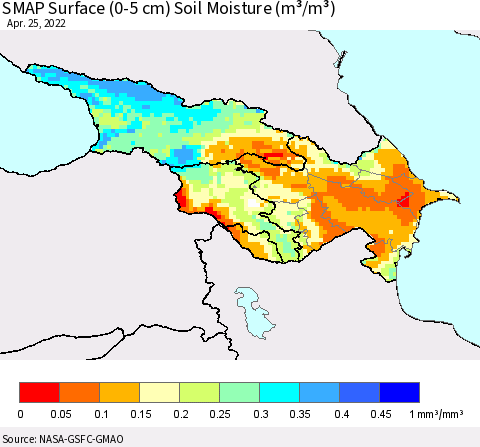 Azerbaijan, Armenia and Georgia SMAP Surface (0-5 cm) Soil Moisture (m³/m³) Thematic Map For 4/21/2022 - 4/25/2022