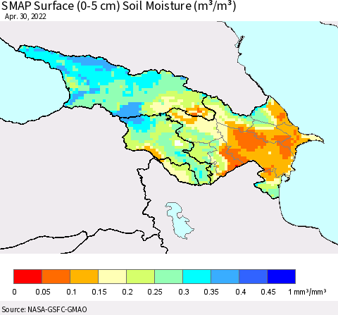 Azerbaijan, Armenia and Georgia SMAP Surface (0-5 cm) Soil Moisture (m³/m³) Thematic Map For 4/26/2022 - 4/30/2022