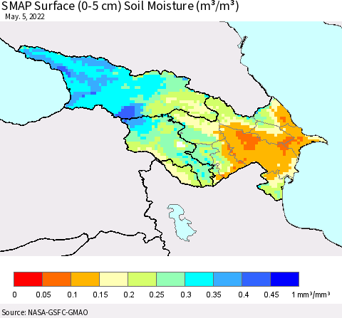 Azerbaijan, Armenia and Georgia SMAP Surface (0-5 cm) Soil Moisture (m³/m³) Thematic Map For 5/1/2022 - 5/5/2022