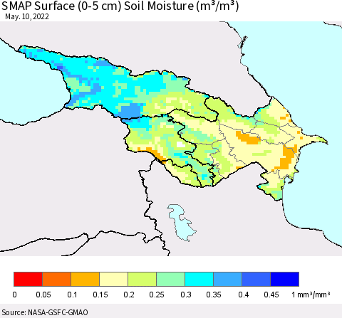 Azerbaijan, Armenia and Georgia SMAP Surface (0-5 cm) Soil Moisture (m³/m³) Thematic Map For 5/6/2022 - 5/10/2022