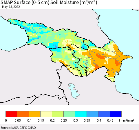Azerbaijan, Armenia and Georgia SMAP Surface (0-5 cm) Soil Moisture (m³/m³) Thematic Map For 5/11/2022 - 5/15/2022