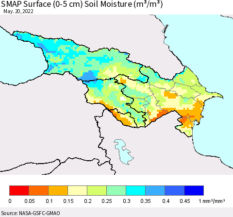 Azerbaijan, Armenia and Georgia SMAP Surface (0-5 cm) Soil Moisture (m³/m³) Thematic Map For 5/16/2022 - 5/20/2022