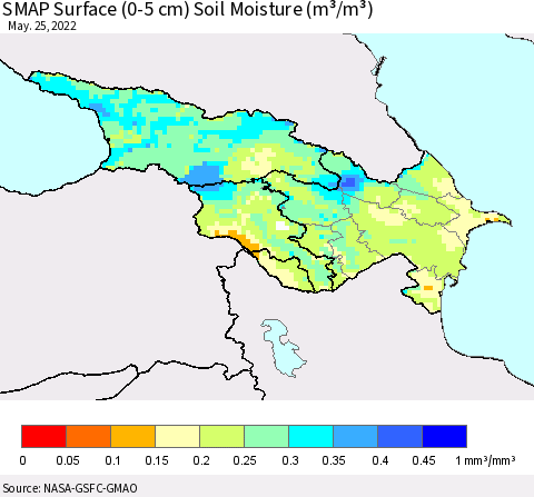 Azerbaijan, Armenia and Georgia SMAP Surface (0-5 cm) Soil Moisture (m³/m³) Thematic Map For 5/21/2022 - 5/25/2022