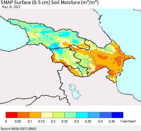 Azerbaijan, Armenia and Georgia SMAP Surface (0-5 cm) Soil Moisture (m³/m³) Thematic Map For 5/26/2022 - 5/31/2022