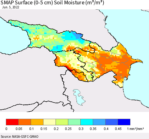 Azerbaijan, Armenia and Georgia SMAP Surface (0-5 cm) Soil Moisture (m³/m³) Thematic Map For 6/1/2022 - 6/5/2022